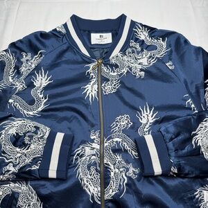 Standard Issue NYC Satin Bomber Jacket Mens M Blue Japanese Dragon Embroidered